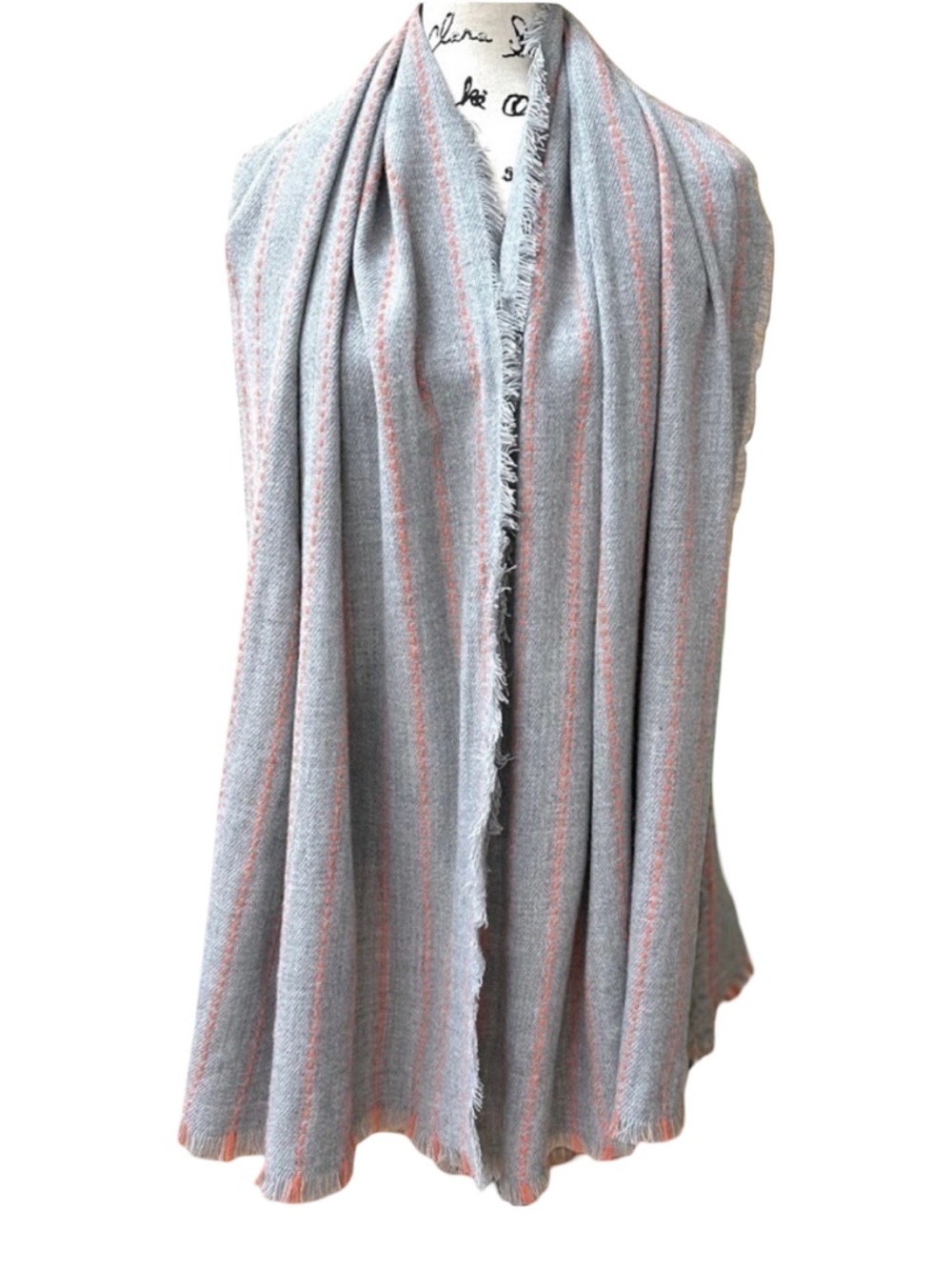 Gray Scarf with Coral Stitch Stripes | Soft Lightweight Fringe Wrap Shawl NWT - Picture 2 of 9